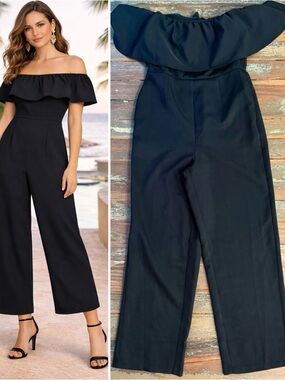 Sam Edelman Off Shoulder Ruffle Wide Leg Jumpsuit Black Size 8 💚🍄